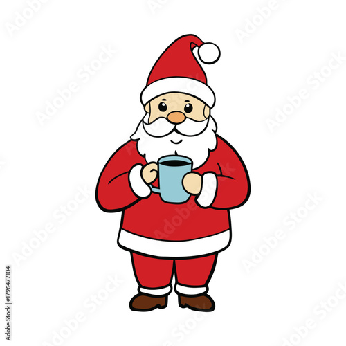 Santa Claus enjoys a warm cup of tea, steam swirling around his rosy cheeks as he relaxes in his cozy red suit, taking a peaceful break from his magical holiday journey.
