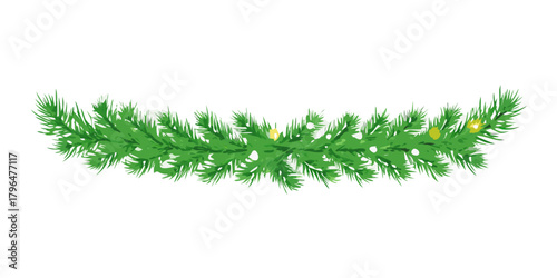 Christmas tree decoration. Holiday fir tree garland, festive Christmas divider. Winter season frame, realistic spruce branch with glowing Christmas lights. Transparent background in vector file.