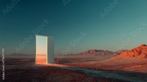 Door to another world in desert landscape at sunset time with reflection