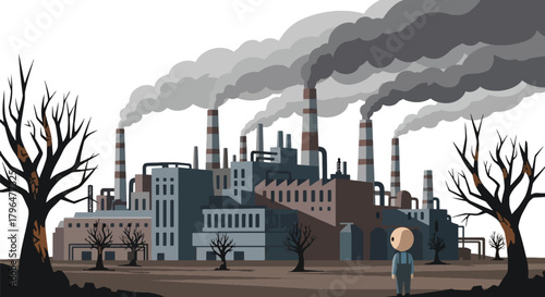 Flat vector illustration of factory chimneys releasing thick toxic smoke, representing industrial air pollution, environmental damage, and climate impact