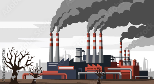 Flat vector illustration of factory chimneys releasing thick toxic smoke, representing industrial air pollution, environmental damage, and climate impact