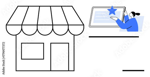 Small store facade paired with person presenting positive online reviews on a tablet. Ideal for e-commerce, customer satisfaction, small businesses, marketing, online reputation, retail, simple flat