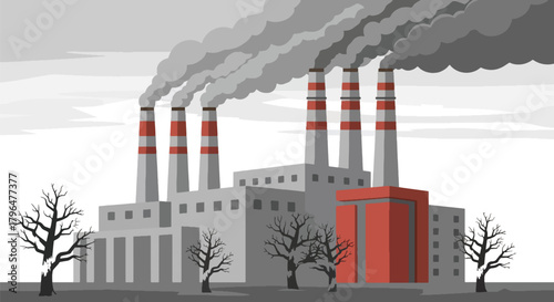 Flat vector illustration of factory chimneys releasing thick toxic smoke, representing industrial air pollution, environmental damage, and climate impact