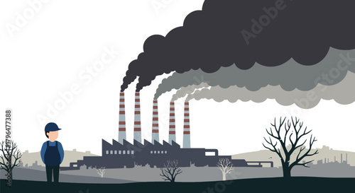 Flat vector illustration of factory chimneys releasing thick toxic smoke, representing industrial air pollution, environmental damage, and climate impact