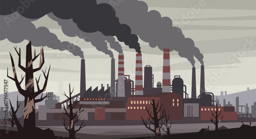 Flat vector illustration of factory chimneys releasing thick toxic smoke, representing industrial air pollution, environmental damage, and climate impact