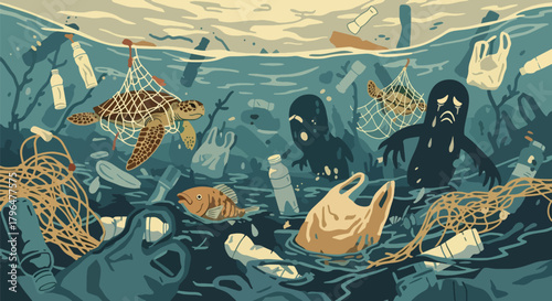 Flat vector illustration of ocean pollution with floating plastic bottles, bags, and debris harming marine life. Clean shapes, solid colors, no gradients, strong environmental message