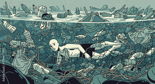 Flat vector illustration of ocean pollution with floating plastic bottles, bags, and debris harming marine life. Clean shapes, solid colors, no gradients, strong environmental message