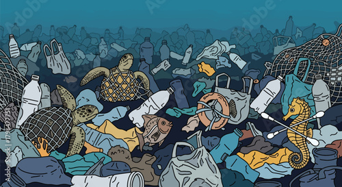 Flat vector illustration of ocean pollution with floating plastic bottles, bags, and debris harming marine life. Clean shapes, solid colors, no gradients, strong environmental message