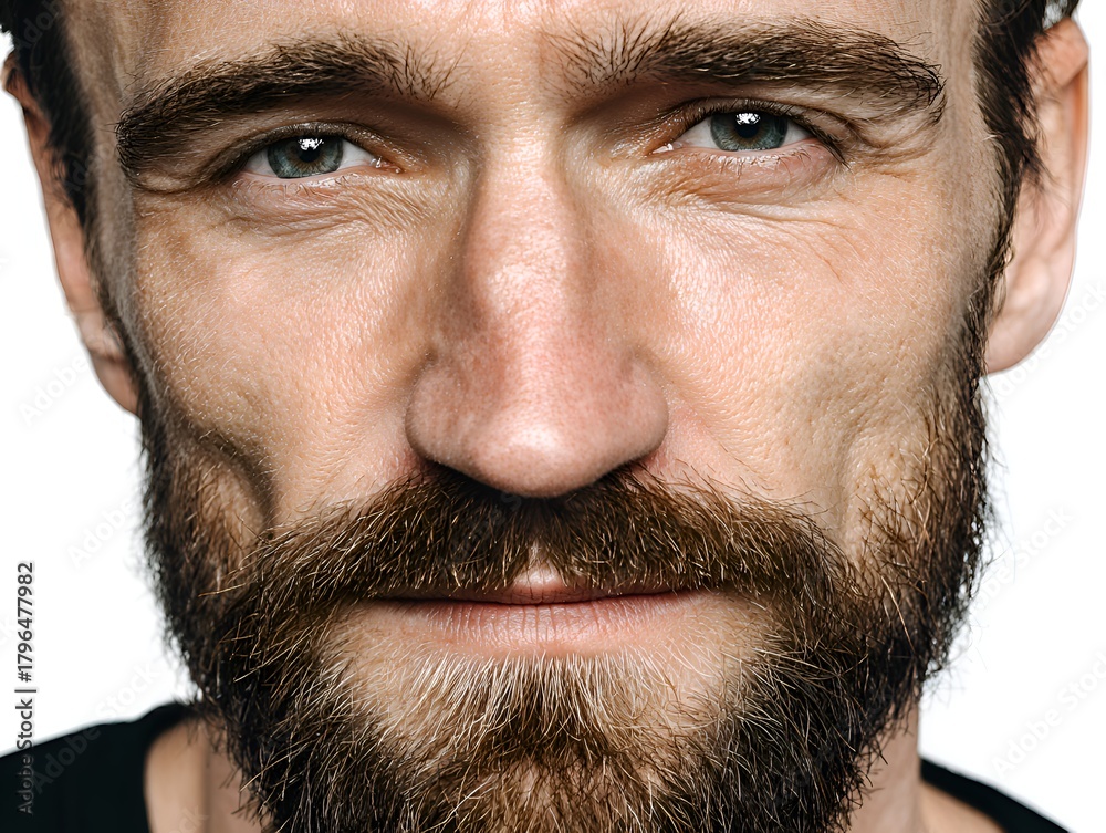 Obraz premium Close-up studio portrait reveals the intriguing details of a mature man's face, showcasing his beard and expressive eyes on white background.