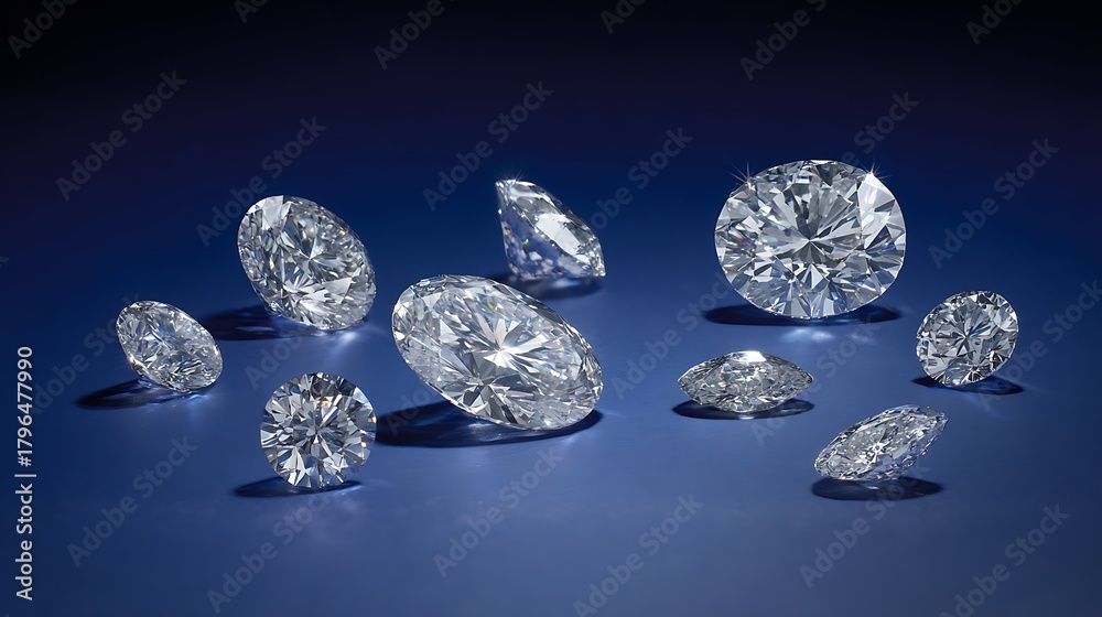 Fototapeta premium Collection of sparkling diamonds on a blue background for jewelry design