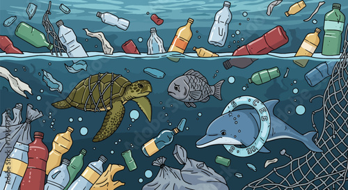 Flat vector illustration of ocean pollution with floating plastic bottles, bags, and debris harming marine life. Clean shapes, solid colors, no gradients, strong environmental message