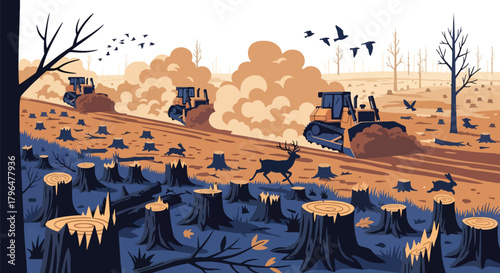 Flat vector deforestation scene with tree stumps, heavy machinery, and animals losing habitat. Solid colors, no gradients, showing environmental destruction and climate impact