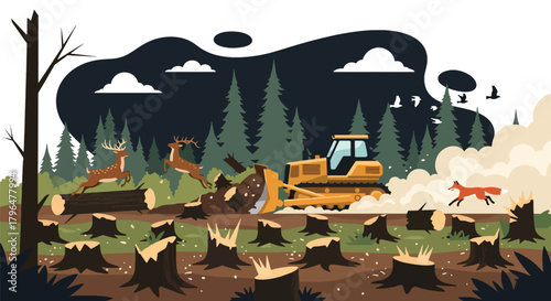 Flat vector deforestation scene with tree stumps, heavy machinery, and animals losing habitat. Solid colors, no gradients, showing environmental destruction and climate impact