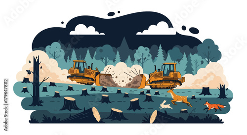 Flat vector deforestation scene with tree stumps, heavy machinery, and animals losing habitat. Solid colors, no gradients, showing environmental destruction and climate impact