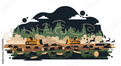 Flat vector deforestation scene with tree stumps, heavy machinery, and animals losing habitat. Solid colors, no gradients, showing environmental destruction and climate impact