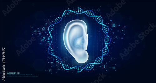 Genetic science medical. Ear organ hologram transparent inside the DNA RNA surrounded by chromosome nucleus cell icons on dark blue background. Banner vector.
