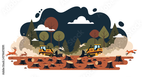 Flat vector deforestation scene with tree stumps, heavy machinery, and animals losing habitat. Solid colors, no gradients, showing environmental destruction and climate impact