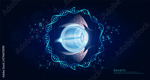 Genetic science medical. Eyeball organ hologram transparent inside the DNA RNA surrounded by chromosome nucleus cell icons on dark blue background. Banner vector.