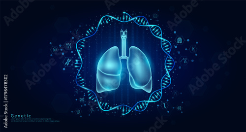 Genetic science medical. Lung organ hologram transparent inside the DNA RNA surrounded by chromosome nucleus cell icons on dark blue background. Banner vector.