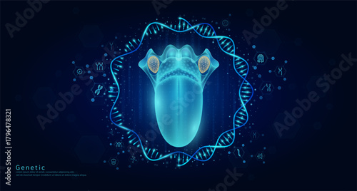Genetic science medical. Tongue organ hologram transparent inside the DNA RNA surrounded by chromosome nucleus cell icons on dark blue background. Banner vector.