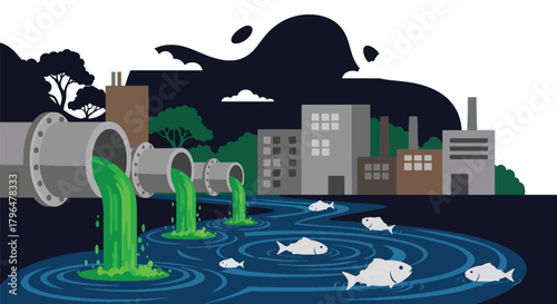 Flat vector illustration of chemical pipes dumping toxic waste into a river, killing fish and contaminating water sources. Solid colors, no gradients, environmental pollution warning