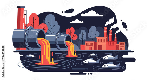 Flat vector illustration of chemical pipes dumping toxic waste into a river, killing fish and contaminating water sources. Solid colors, no gradients, environmental pollution warning