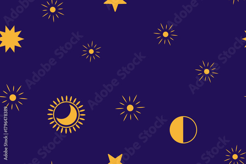 Space objects isolated on a purple background. Seamless pattern under clipping mask, convenient for editing. Planet, moon, star silhouettes. Background for textile, paper, packaging.