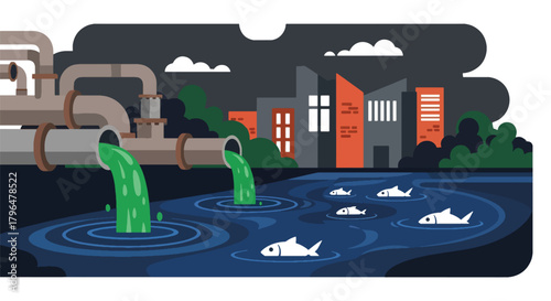 Flat vector illustration of chemical pipes dumping toxic waste into a river, killing fish and contaminating water sources. Solid colors, no gradients, environmental pollution warning