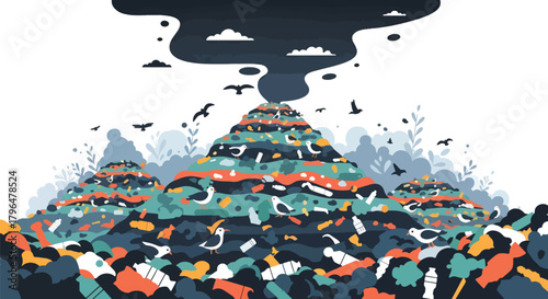 Flat vector landfill scene filled with plastic waste, trash piles, and birds scavenging. Solid colors, no gradients, highlighting global pollution, waste crisis, and environmental problems
