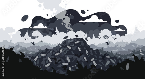Flat vector landfill scene filled with plastic waste, trash piles, and birds scavenging. Solid colors, no gradients, highlighting global pollution, waste crisis, and environmental problems