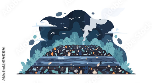 Flat vector landfill scene filled with plastic waste, trash piles, and birds scavenging. Solid colors, no gradients, highlighting global pollution, waste crisis, and environmental problems