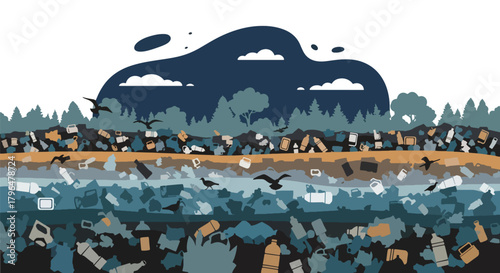 Flat vector landfill scene filled with plastic waste, trash piles, and birds scavenging. Solid colors, no gradients, highlighting global pollution, waste crisis, and environmental problems