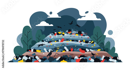 Flat vector landfill scene filled with plastic waste, trash piles, and birds scavenging. Solid colors, no gradients, highlighting global pollution, waste crisis, and environmental problems