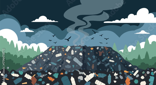 Flat vector landfill scene filled with plastic waste, trash piles, and birds scavenging. Solid colors, no gradients, highlighting global pollution, waste crisis, and environmental problems