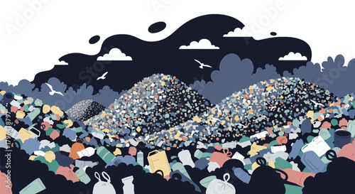 Flat vector landfill scene filled with plastic waste, trash piles, and birds scavenging. Solid colors, no gradients, highlighting global pollution, waste crisis, and environmental problems