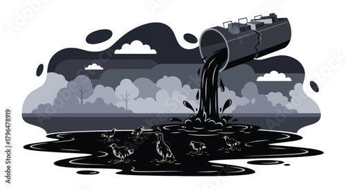 Flat vector illustration of oil leaking from damaged tanker, causing ocean pollution and harming marine life. Solid colors, no gradients, impactful environmental disaster artwork