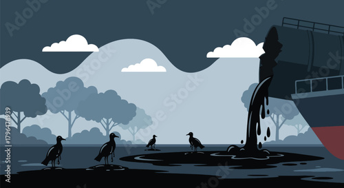 Flat vector illustration of oil leaking from damaged tanker, causing ocean pollution and harming marine life. Solid colors, no gradients, impactful environmental disaster artwork