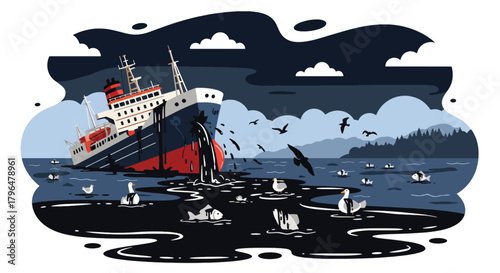 Flat vector illustration of oil leaking from damaged tanker, causing ocean pollution and harming marine life. Solid colors, no gradients, impactful environmental disaster artwork