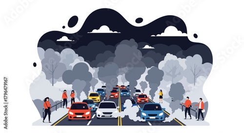 Flat vector crowded highway with cars releasing heavy exhaust fumes into the air. Solid colors, no gradients, illustrating urban pollution caused by traffic congestion