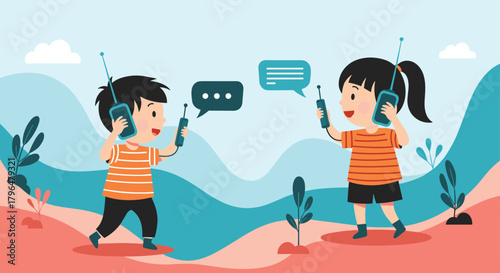 Two happy children playing and communicating with walkie-talkies in an outdoor setting, symbolizing connection and childhood fun.