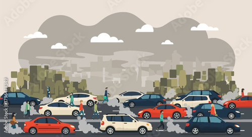 Flat vector crowded highway with cars releasing heavy exhaust fumes into the air. Solid colors, no gradients, illustrating urban pollution caused by traffic congestion