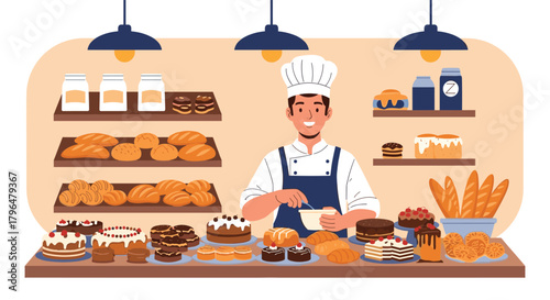 A cheerful male baker in a professional uniform smiles while preparing treats in a vibrant bakery, surrounded by fresh artisan bread, pastries, and cakes.