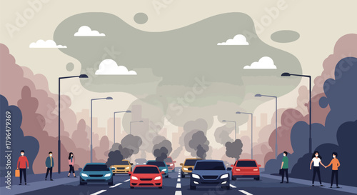 Flat vector crowded highway with cars releasing heavy exhaust fumes into the air. Solid colors, no gradients, illustrating urban pollution caused by traffic congestion