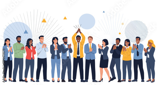 A diverse team of business professionals celebrates a shared achievement, applauding a successful colleague in a moment of triumph.