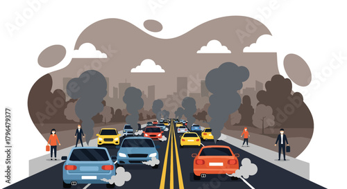 Flat vector crowded highway with cars releasing heavy exhaust fumes into the air. Solid colors, no gradients, illustrating urban pollution caused by traffic congestion