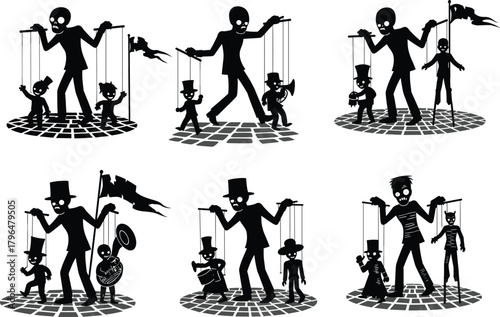 Puppet master silhouette controlling marionettes, symbolic manipulation, power dynamics, black and white vector illustration, cobblestone platform, cartoon style, dramatic concept