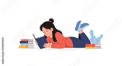 A happy young woman with dark hair lies comfortably on her stomach, engrossed in reading a book, surrounded by colorful stacks of literature.