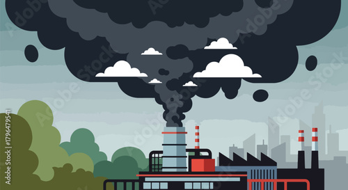 Flat vector explosion at chemical factory releasing dangerous toxic smoke into the sky. Solid tones, no gradients, strong environmental disaster and industrial pollution message