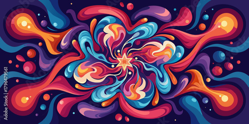 Colorful Abstract Swirls and Starburst Design with Retro Psychedelic Vibes for Modern Art