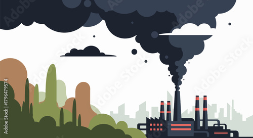Flat vector explosion at chemical factory releasing dangerous toxic smoke into the sky. Solid tones, no gradients, strong environmental disaster and industrial pollution message